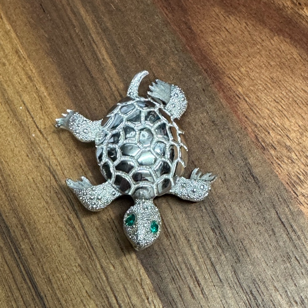 Vintage Monet Silver Turtle Brooch with Green Eyes